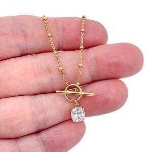 Estate Gold-Tone Sterling Silver Cubic Zirconia Toggle Pendant Necklace 18.5"